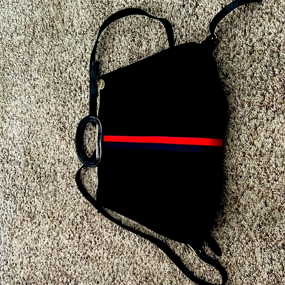 Clare V Black Backpack with Red and Blue Stripe